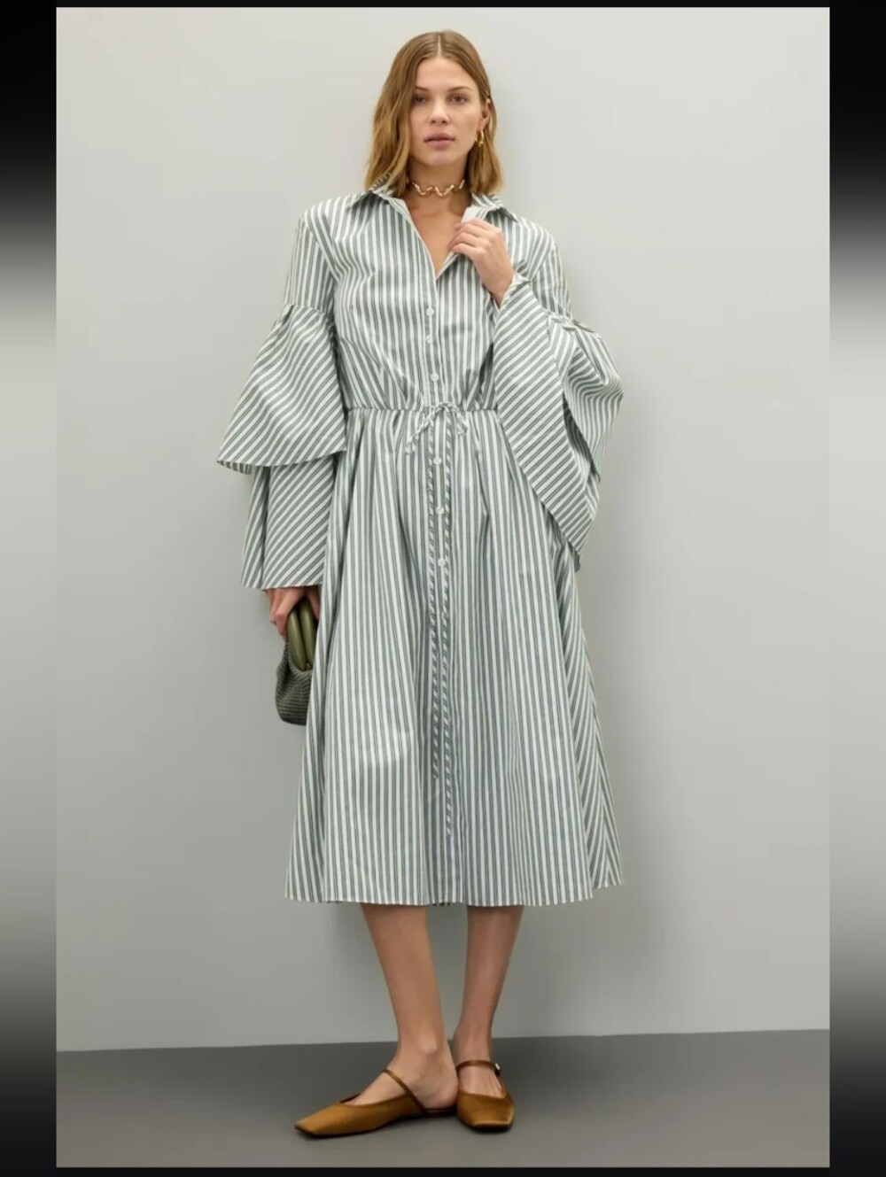 Rosie Assoulin Fiesta Sage Green and White Striped Midi Dress